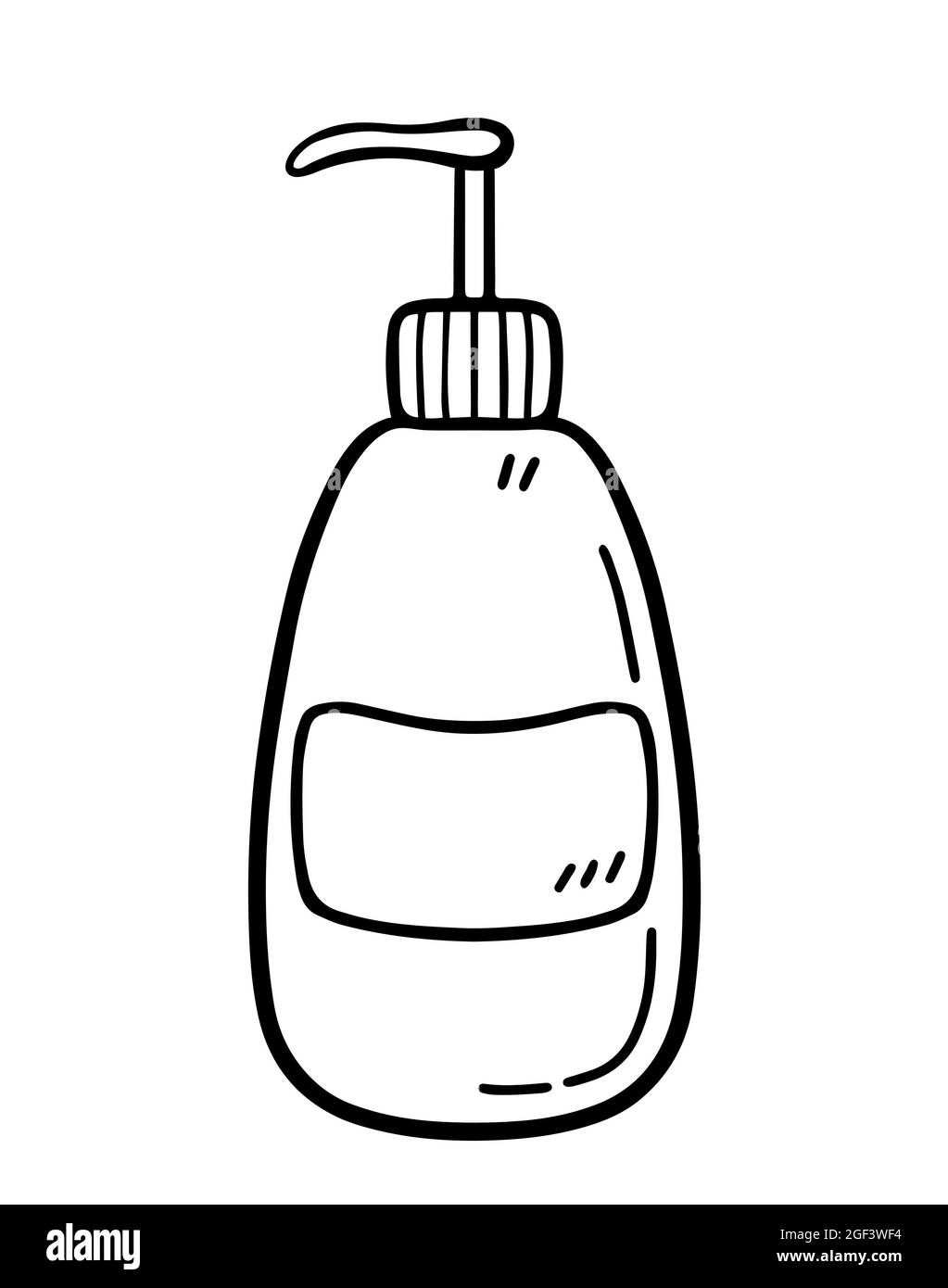 Flacone in plastica con dispenser isolato su sfondo bianco. Provetta per sapone liquido, detergente, gel, lozione. Disegno vettoriale a mano in stile doodle. Adatto per decorazioni, logo, disegni vari Illustrazione Vettoriale