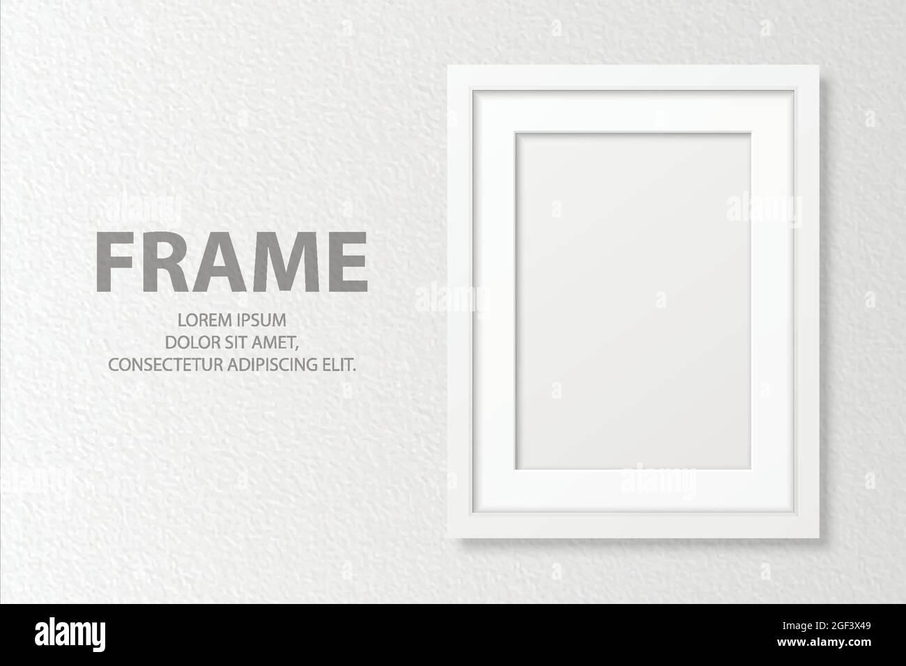 Vector 3d Realistic Blank bianco A4 verticale legno semplice cornice moderna su sfondo bianco textured Wall. Può essere utilizzato per le presentazioni. Design Illustrazione Vettoriale