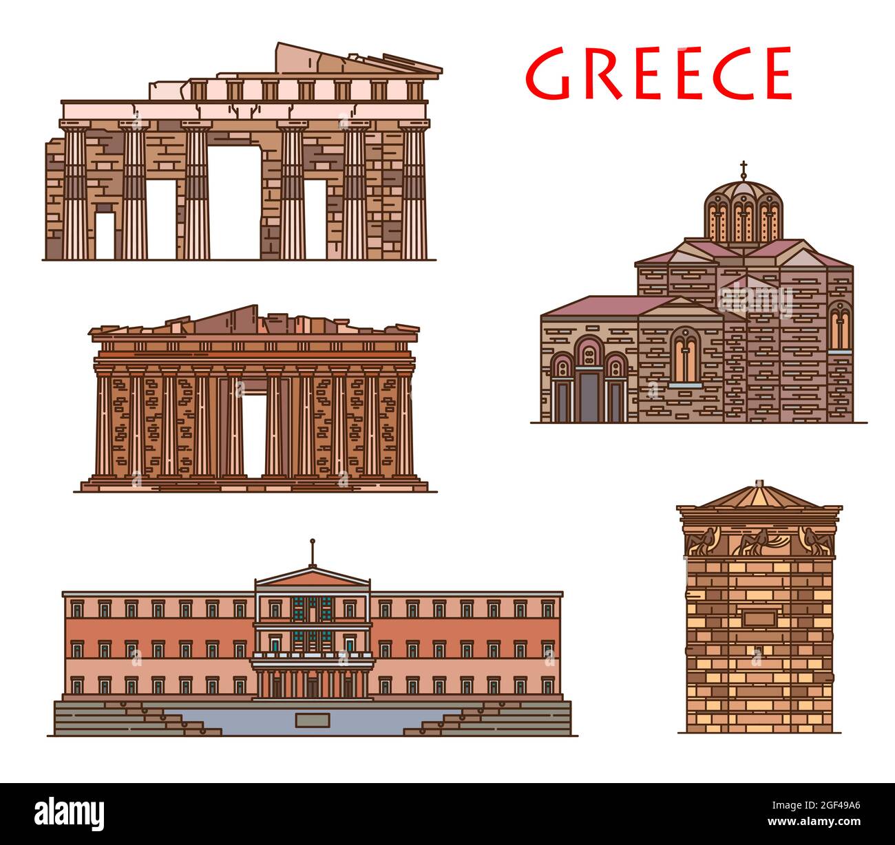 Architettura greca e edifici di Atene, vettore greco viaggi punti di riferimento. Grecia antico Partenone, parlamento di Atene, Chiesa di San Nicola, Illustrazione Vettoriale