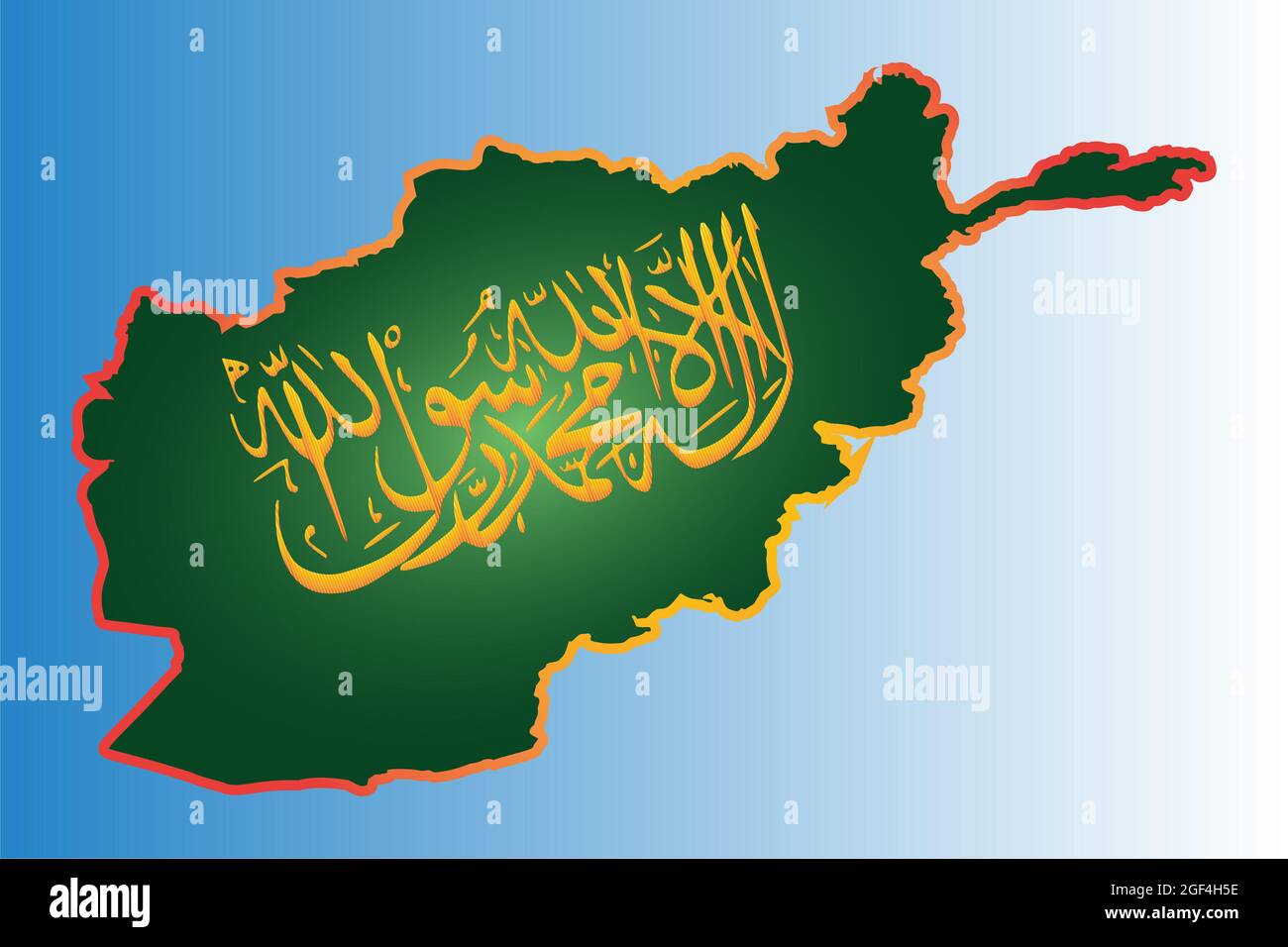 Ortografia calligrafica dello Shahada talebano della Repubblica islamica dell'Afghanistan su una mappa. Iscrizione su sfondo verde. Foto Stock