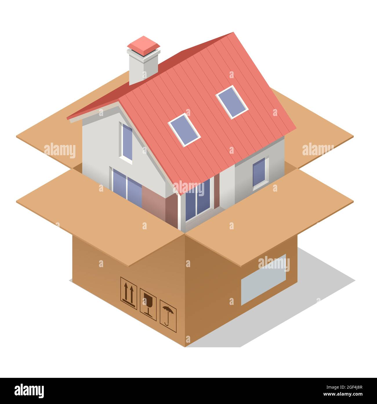 Casa isometrica avvolto in carta marrone e corda isolato su sfondo bianco. Spostamento con le scatole in una nuova casa. Casa in movimento. Mercato immobiliare. Illustrazione Vettoriale