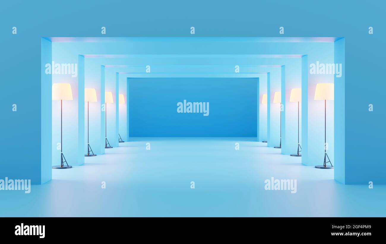 Rappresentazione tridimensionale del corridoio blu illuminato da file di lampade da pavimento Foto Stock