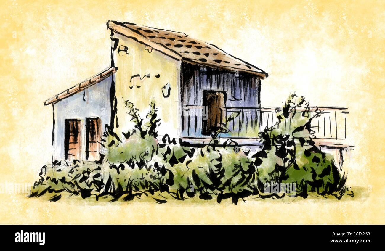 Pennello inchiostro e acquerello di un edificio rurale. Illustrazione tradizionale su carta Foto Stock