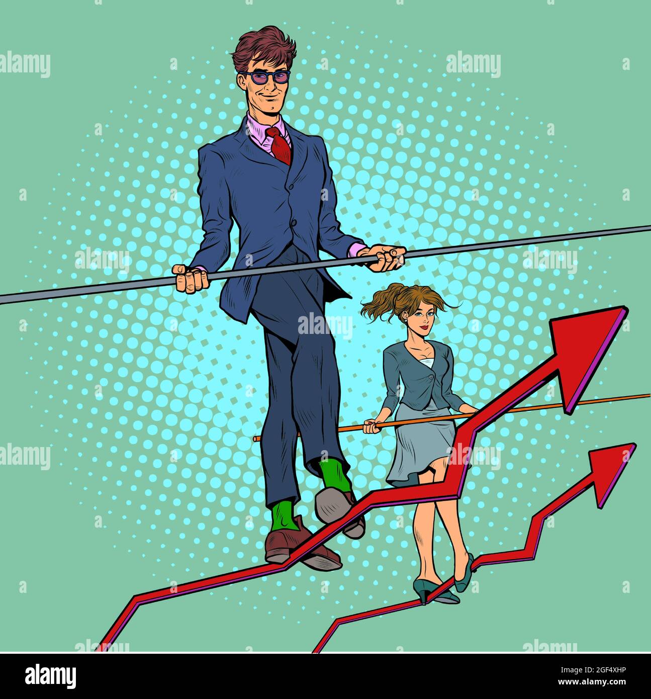 Grafici di crescita delle vendite di uomini d'affari e donne d'affari. Un uomo come un acrobat. Economia e Finanza Illustrazione Vettoriale