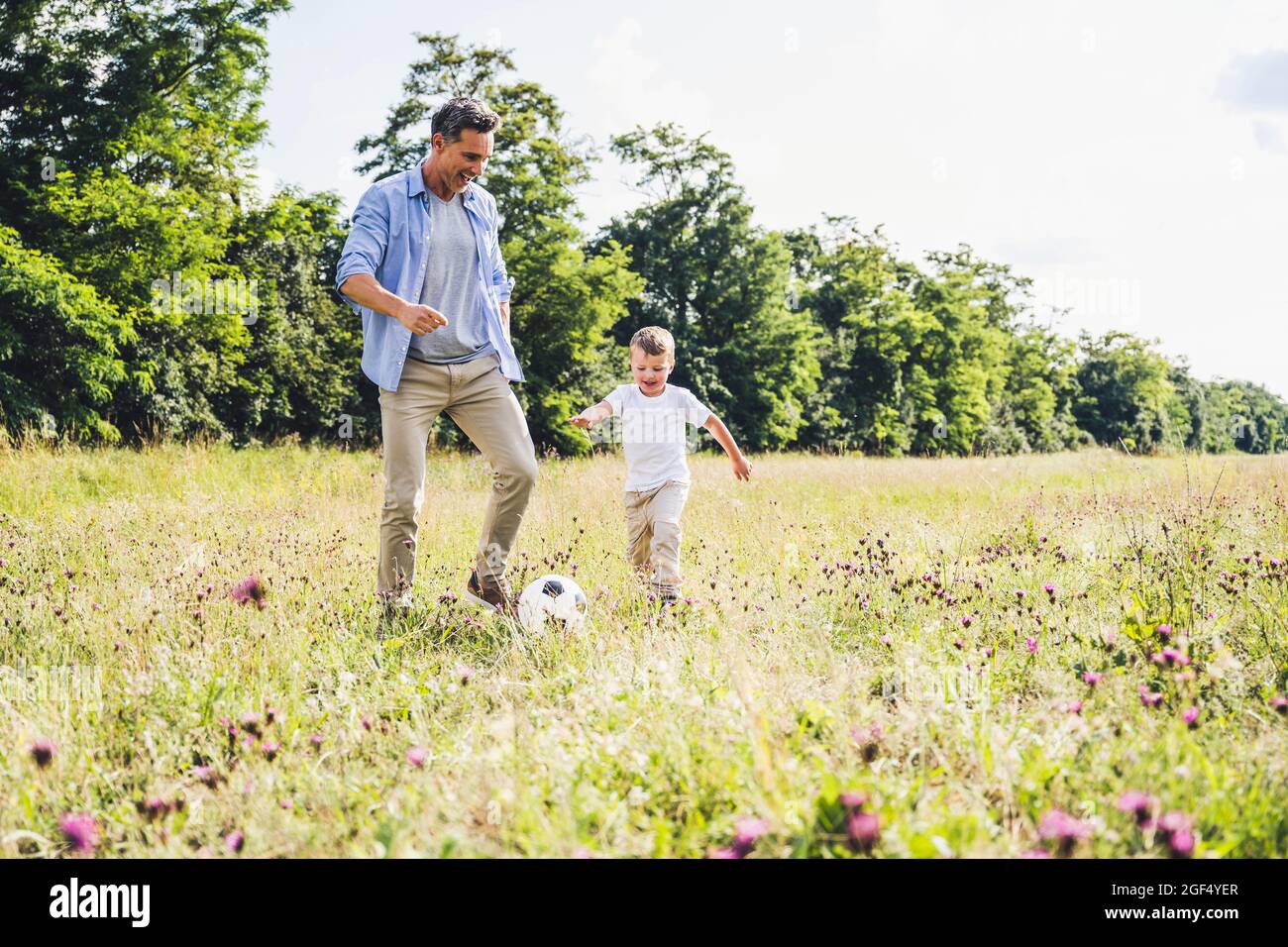 Padre e figlio che giocano con la palla di calcio sul prato Foto Stock
