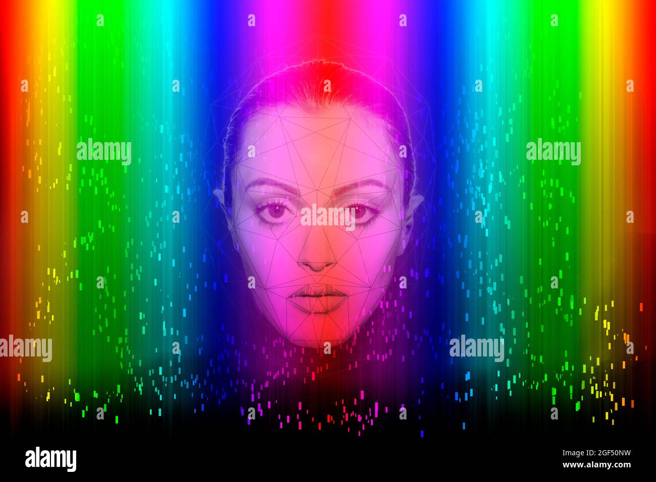 Giovane donna con tecnologia di intelligenza artificiale di riconoscimento facciale su sfondo multicolore Foto Stock