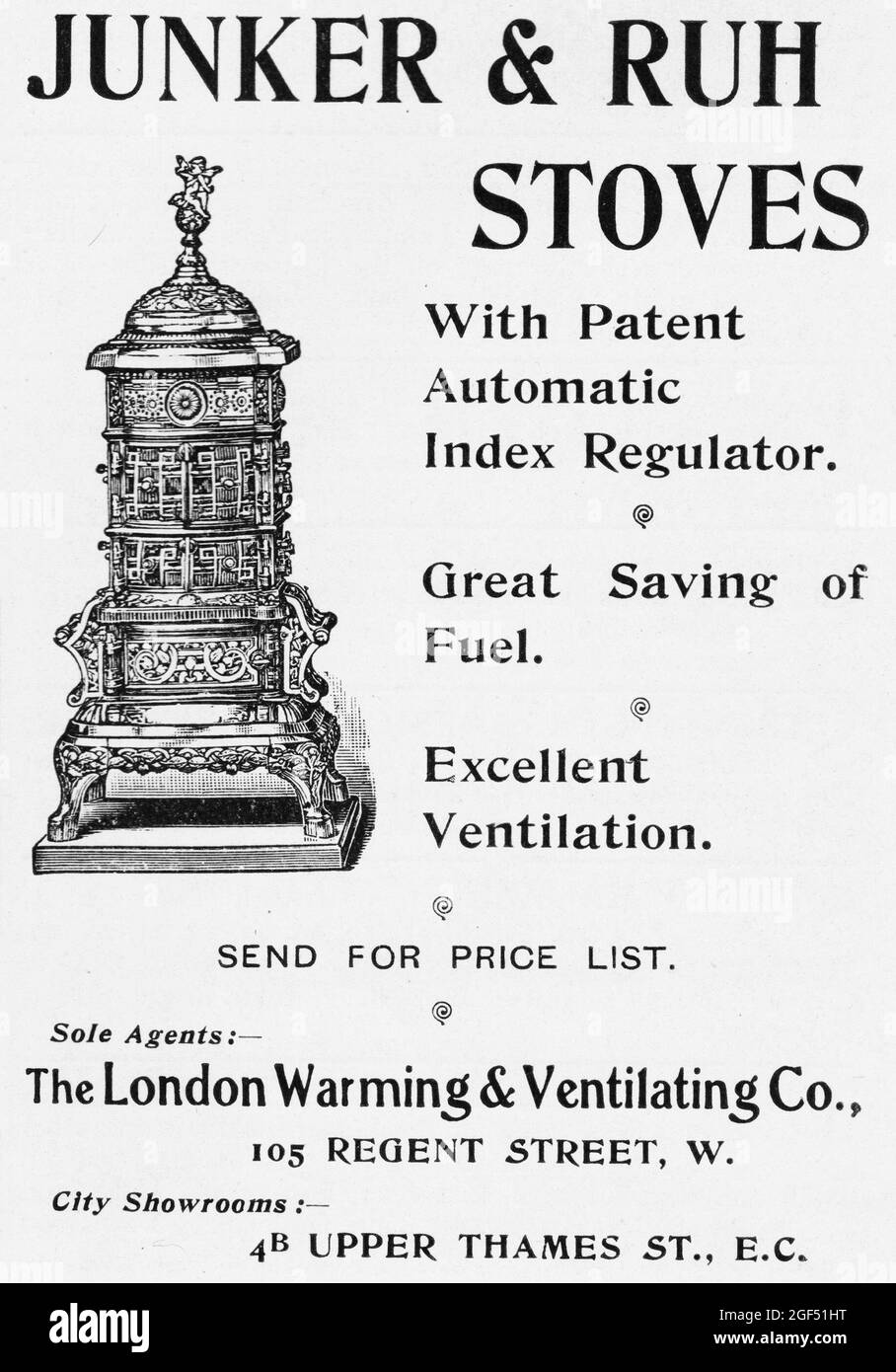 Un annuncio del 1902 per Junker & Ruh Stoves, “con regolatore automatico di indice di brevetto – grande risparmio di combustibile – ventilazione eccellente – Agenti Sole:- The London Warming & ventilating Co., 105 Regent Street, W. – City Showrooms:- 4B Upper Thames St., E.C.”. Foto Stock