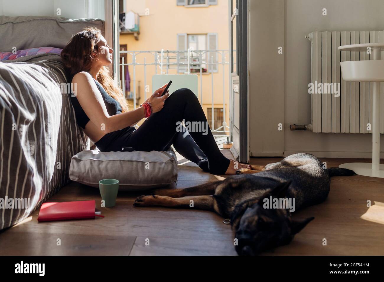 Donna che tiene il telefono cellulare mentre si siede con il cane in camera da letto Foto Stock