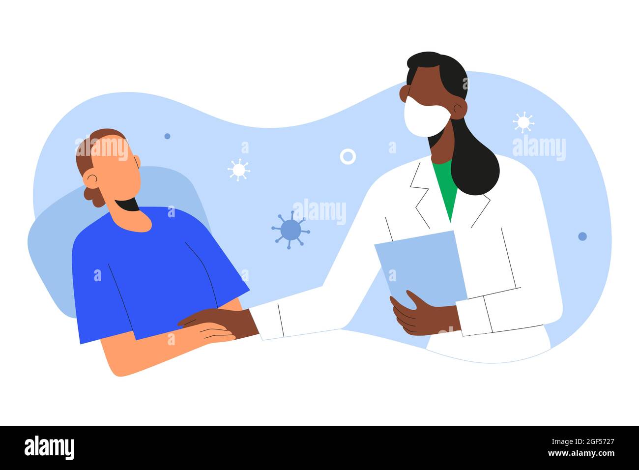 Recupero del coronavirus, medico che visita un paziente anziano che si recupera da polmonite covid, donna che ottiene bene in ospedale, illustrazione vettoriale Illustrazione Vettoriale