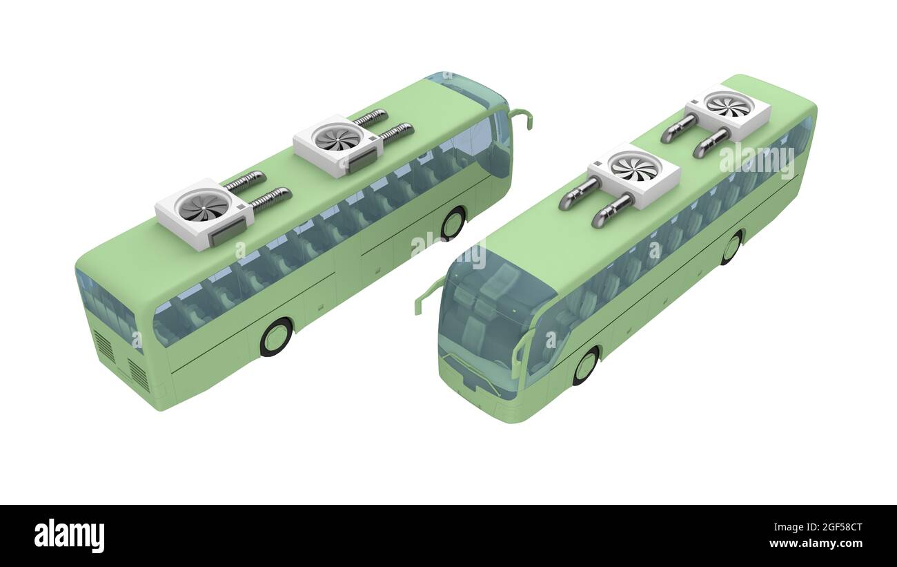 autobus con due grandi condizionatori d'aria sul tetto isolato su bianco. rendering 3d Foto Stock