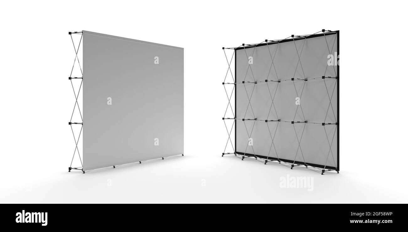 Stand fieristico, Wall Banner, visualizzazione 3D rendering fronte e retro del sistema del prodotto espositivo, parete pubblicitaria isolata su bianco. Foto Stock