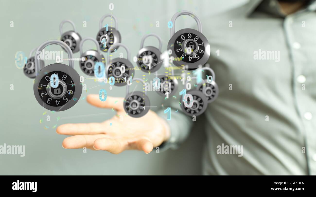 Persona che presenta la proiezione virtuale dei sistemi di accesso sicuro Foto Stock