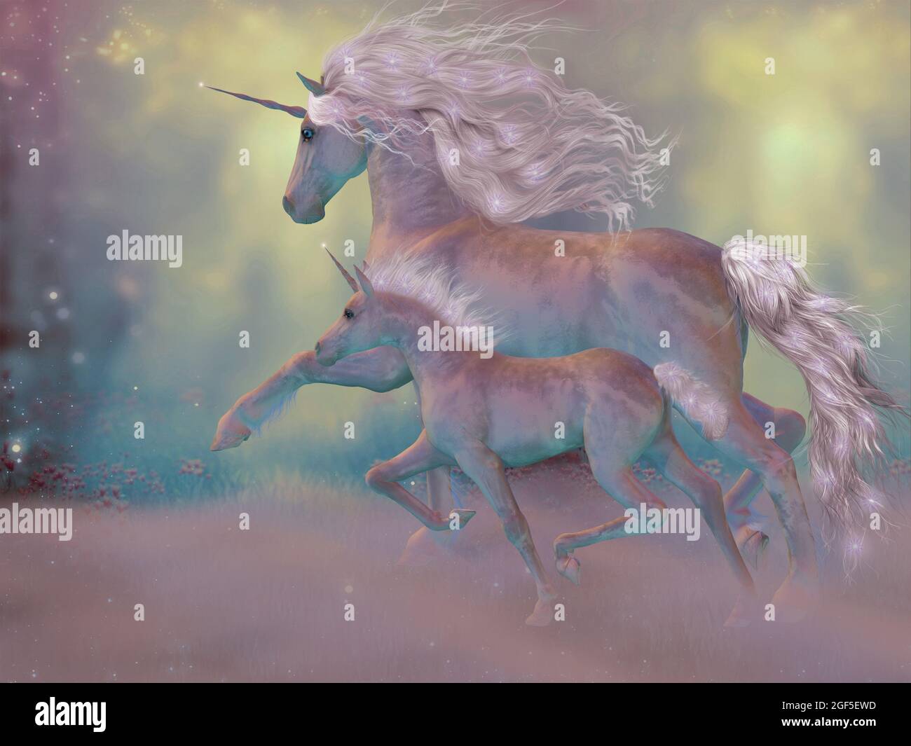 Fantasy Mare e Foal Unicorn - UN unicorno è una creatura leggendaria che abita foreste magiche e ha un unico corno sulla fronte. Foto Stock