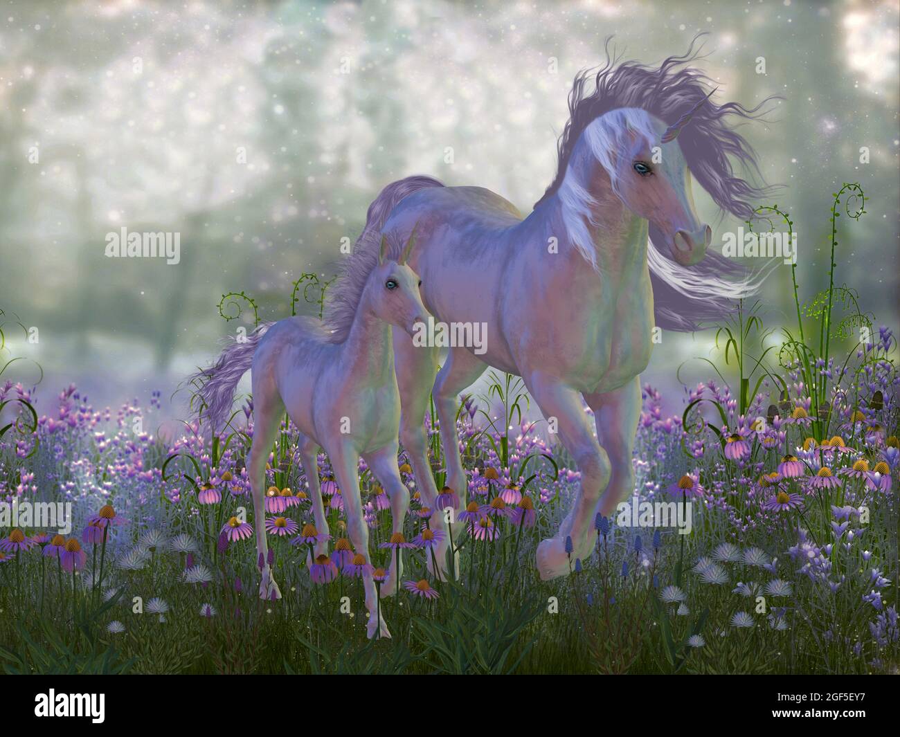 Mare magico e unicorno Foal - UN unicorno è una creatura leggendaria che abita foreste magiche e ha un unico corno sulla fronte. Foto Stock