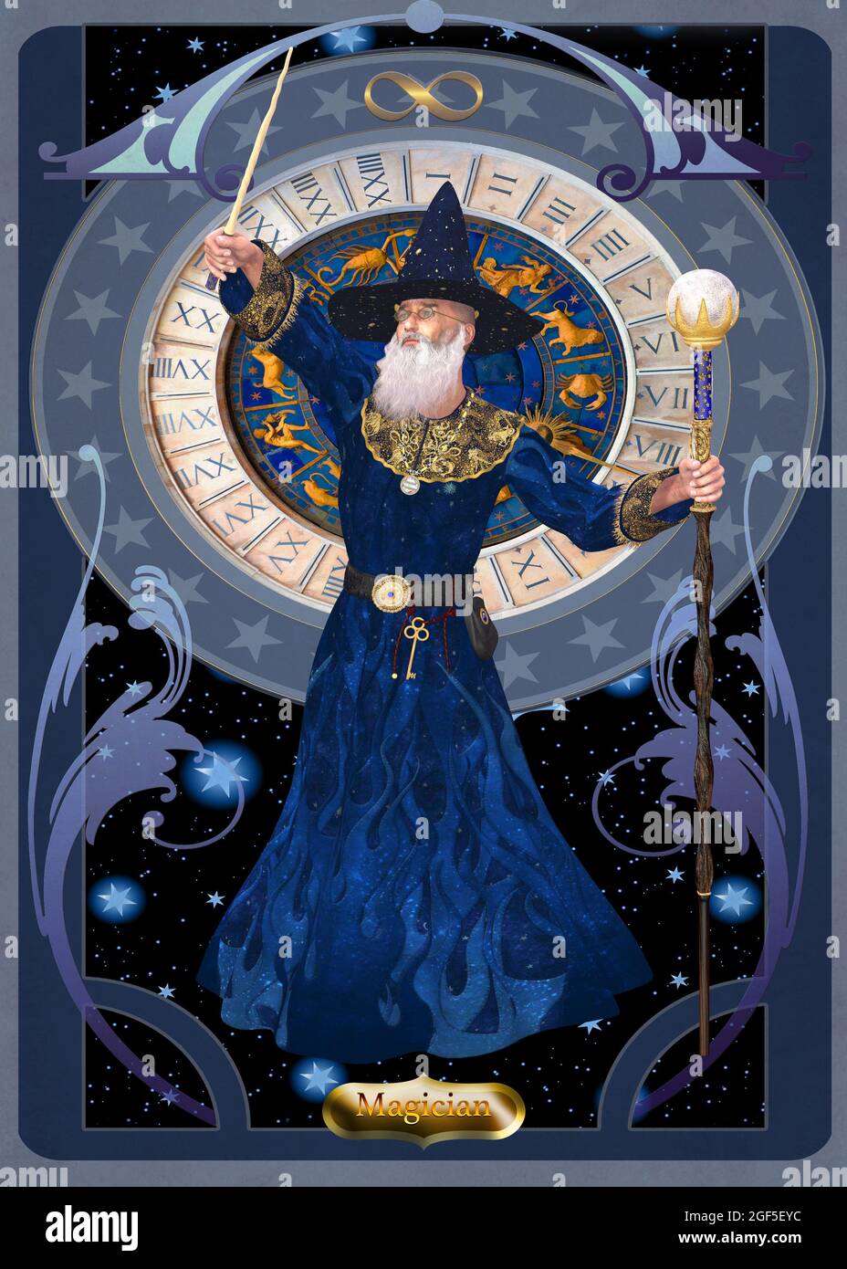 Carta mago - un mago è un mago che lancia incantesimi soprannaturali e fa pozioni magiche. Foto Stock