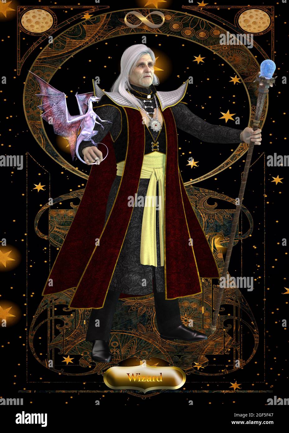 Scheda Wizard - UN mago è un stregone che lancia incantesimi soprannaturali e fa pozioni magiche. Foto Stock