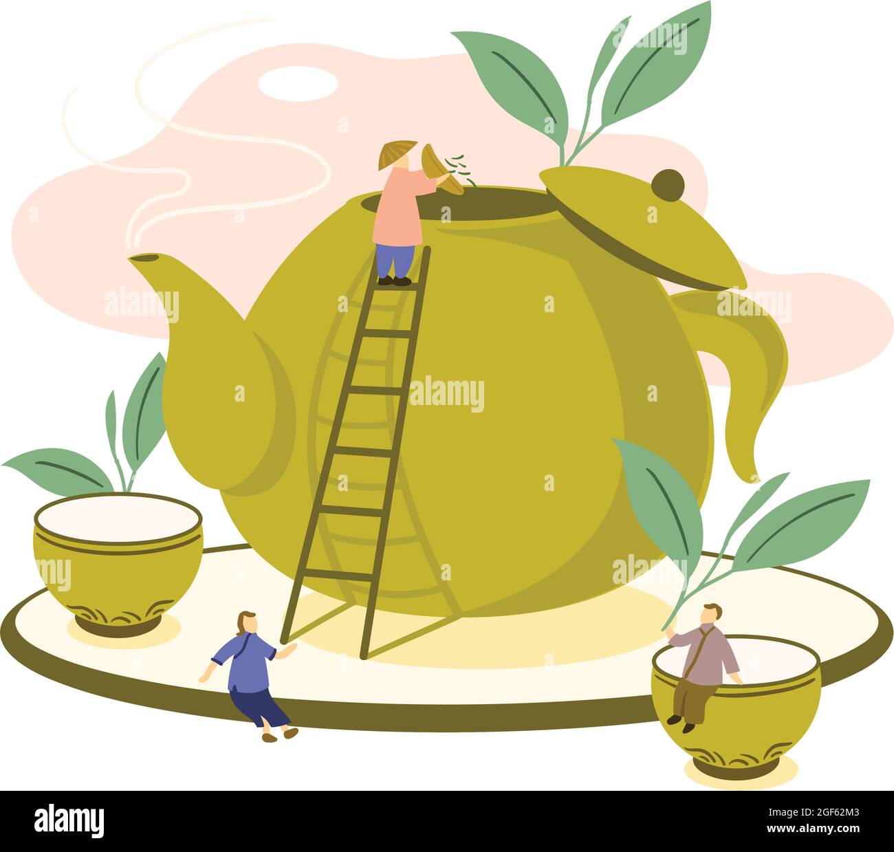Tiny Men e Women si preparano a bere Tea.Stair climber versando il tè in teiera. La gente è chiacchierata, prenda una pausa. Illustrazione Vettoriale