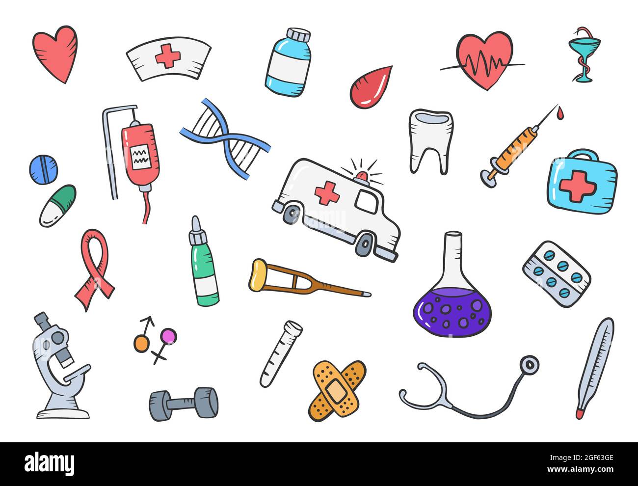 salute o assistenza sanitaria medico doodle raccolte di set disegnate a mano con profilo piatto stile illustrazione vettoriale Foto Stock