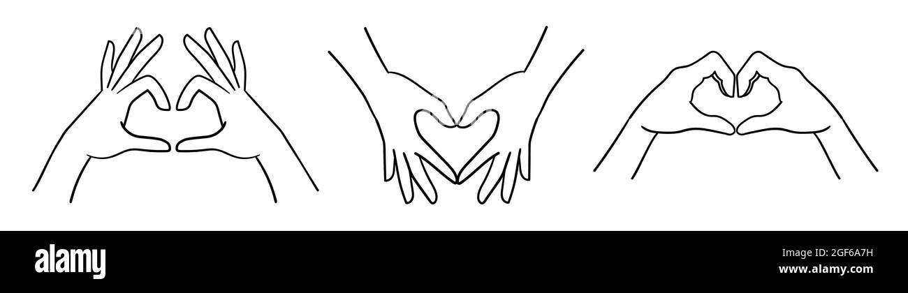 Lo schizzo a mano mostra il gesto della forma del cuore, l'illustrazione della linea del disegno a mano. Logo moderno, design grafico isolato su sfondo bianco. Concetto di linguaggio del corpo della gente che denota l'amore. Illustrazioni vettoriali. Illustrazione Vettoriale
