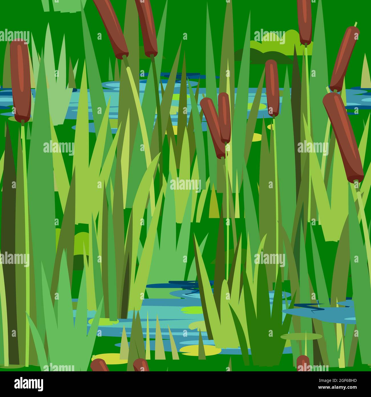 Paesaggio con un serbatoio. Ripetizione senza giunture. Piante, erba, canne e canne. Piccola palude, laghetto, lago o puddle. Design Miltic stile piatto. Illustrazione Illustrazione Vettoriale