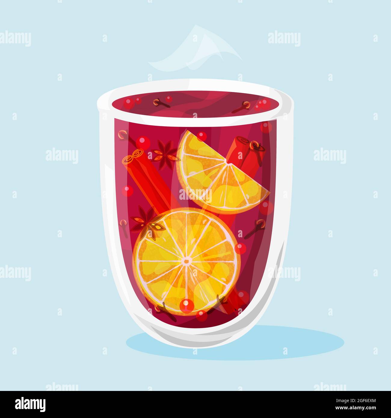 Bicchiere di VIN brulé con arance, cannella, anice e bacche. Illustrazione vettoriale. Illustrazione Vettoriale