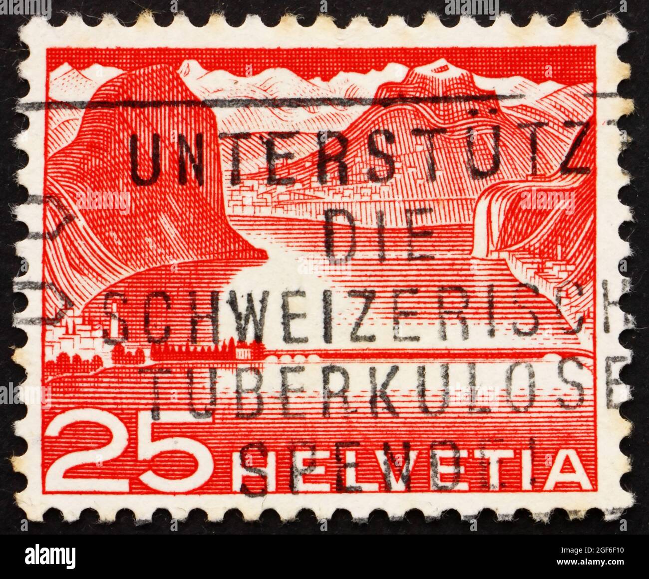 SVIZZERA - CIRCA 1949: Un francobollo stampato in Svizzera mostra Lago Dam, energia idroelettrica, circa 1949 Foto Stock