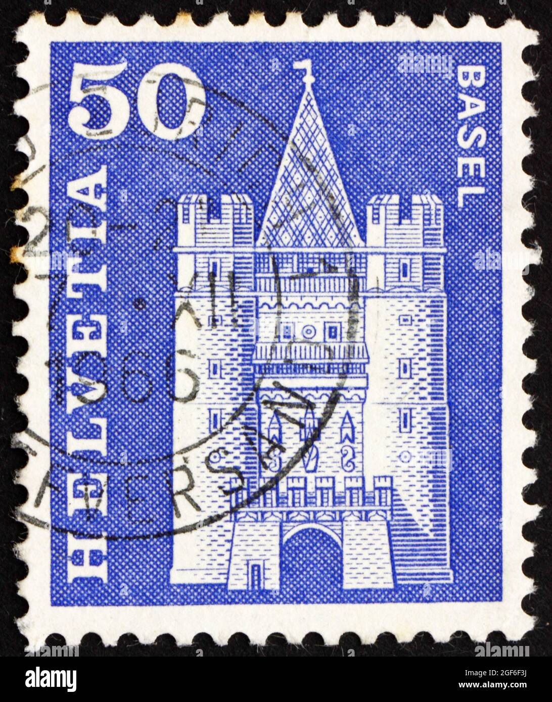 SVIZZERA - CIRCA 1960: Un francobollo stampato in Svizzera mostra Spalen Gate, Basilea, Svizzera, circa 1960 Foto Stock