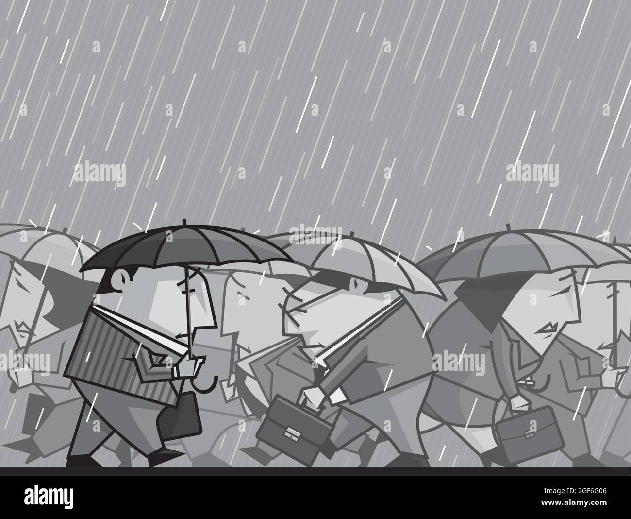 Illustrazione vettoriale uomini d'affari depressi che camminano sotto la pioggia Illustrazione Vettoriale