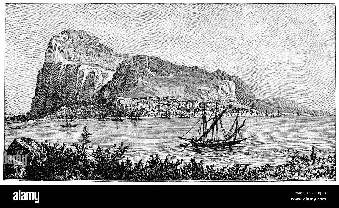 Incisione della Rocca di Gibilterra da circa 1905. Foto Stock