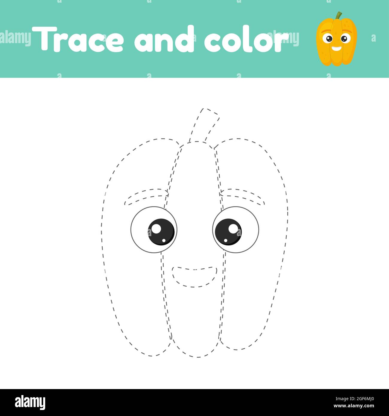 Libro da colorare con pepe vegetale carino. Per bambini asilo, scuola prescolare ed età scolastica. Foglio di lavoro traccia. Sviluppo di belle abilità motorie e handw Illustrazione Vettoriale