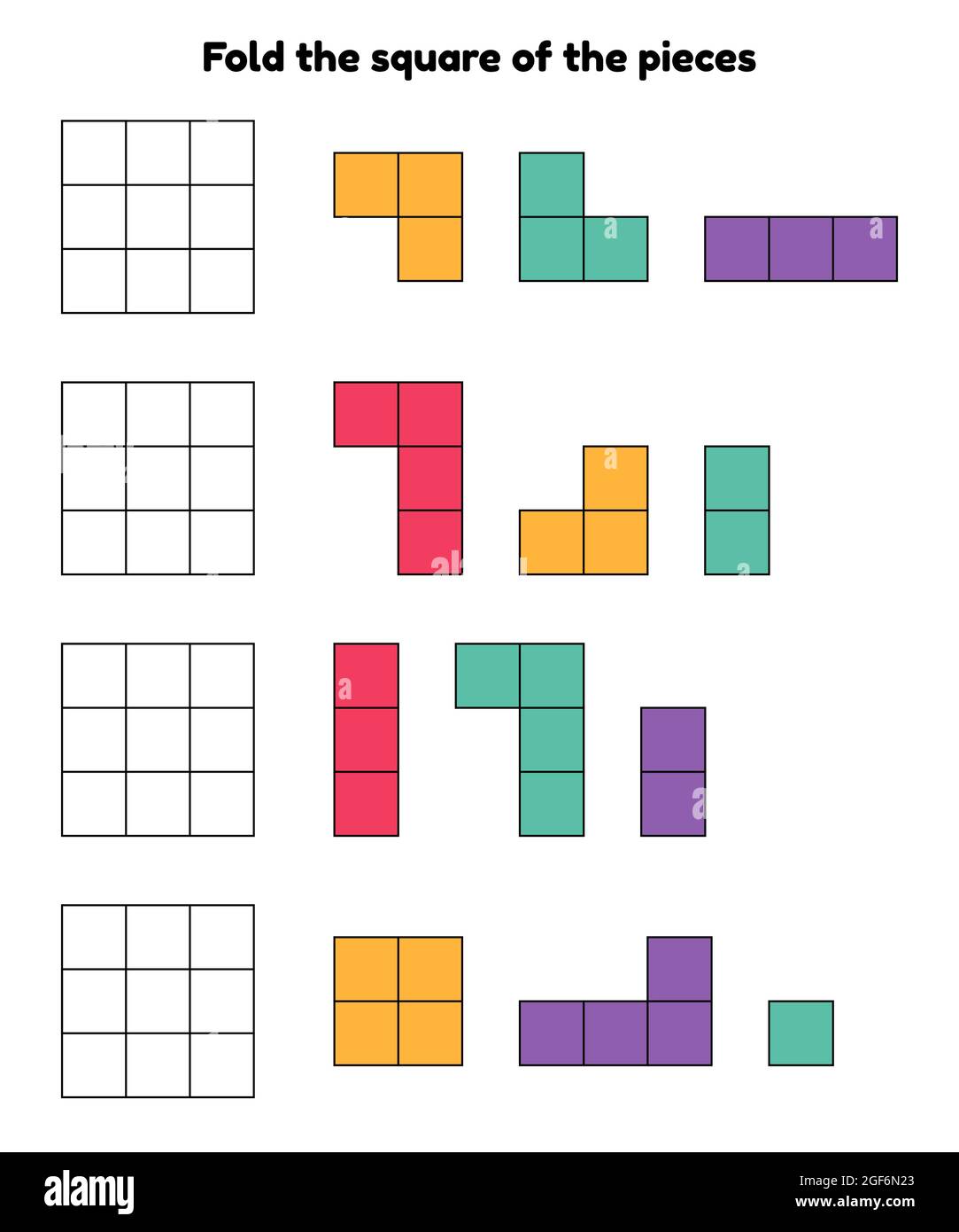Illustrazione vettoriale. Gioco di puzzle per bambini asilo e scuola prescolare. Piega il quadrato dei pezzi. Illustrazione Vettoriale