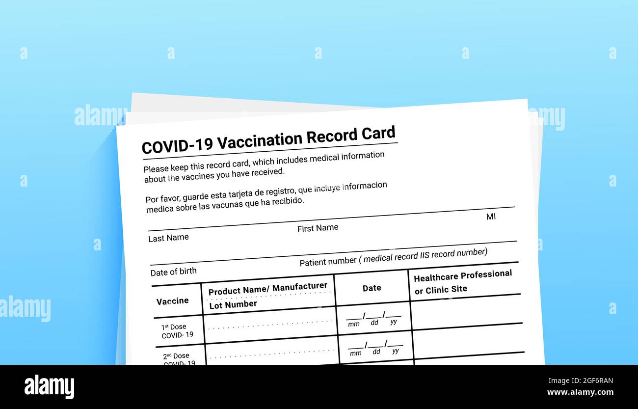 Scheda di registrazione della vaccinazione con coronavirus su sfondo blu con spazio di copia per viaggi e movimenti senza frontiere. Forma di vaccinazione durante il Illustrazione Vettoriale