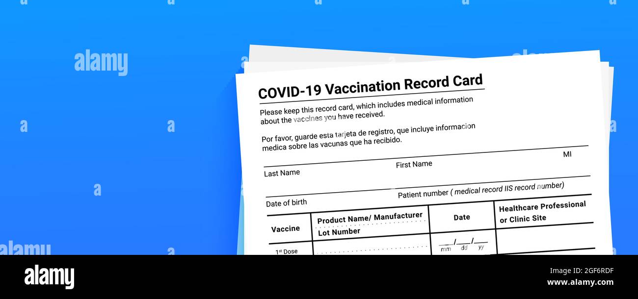 Scheda di registrazione della vaccinazione con coronavirus su sfondo blu con spazio per la copia. Vista dall'alto. Concetto di sconfiggere Covid-19. Banner con illustrazione vettoriale Illustrazione Vettoriale