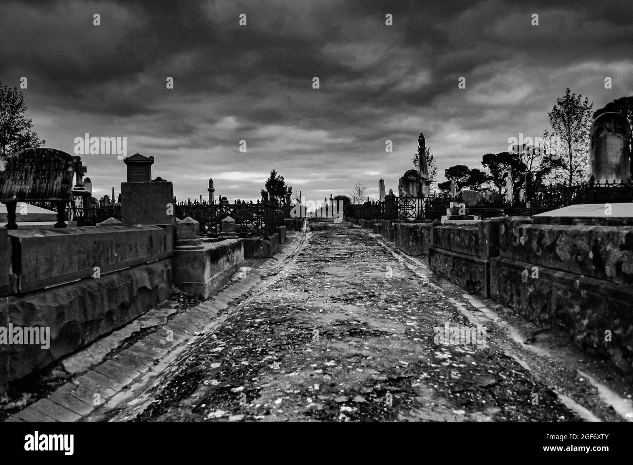 Percorsi storici che conducono attraverso il vecchio cimitero di Ballarat in una giornata cupa e cupa in bianco e nero Foto Stock