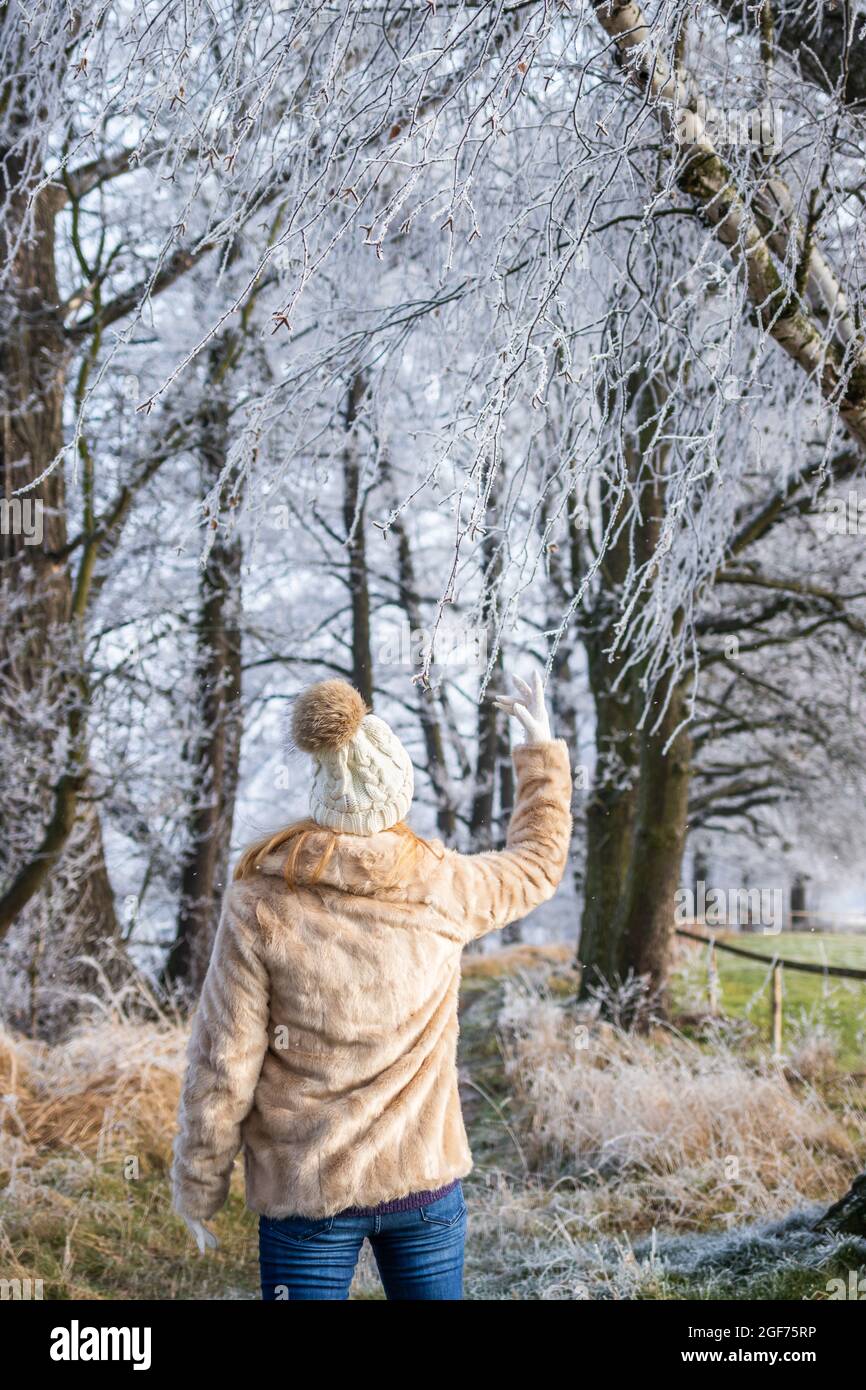 Donna che indossa un cappotto di pelliccia finta e che ama passeggiare all'aperto nel parco invernale. Bellissimo paesaggio innevato con alberi di gelo Foto Stock