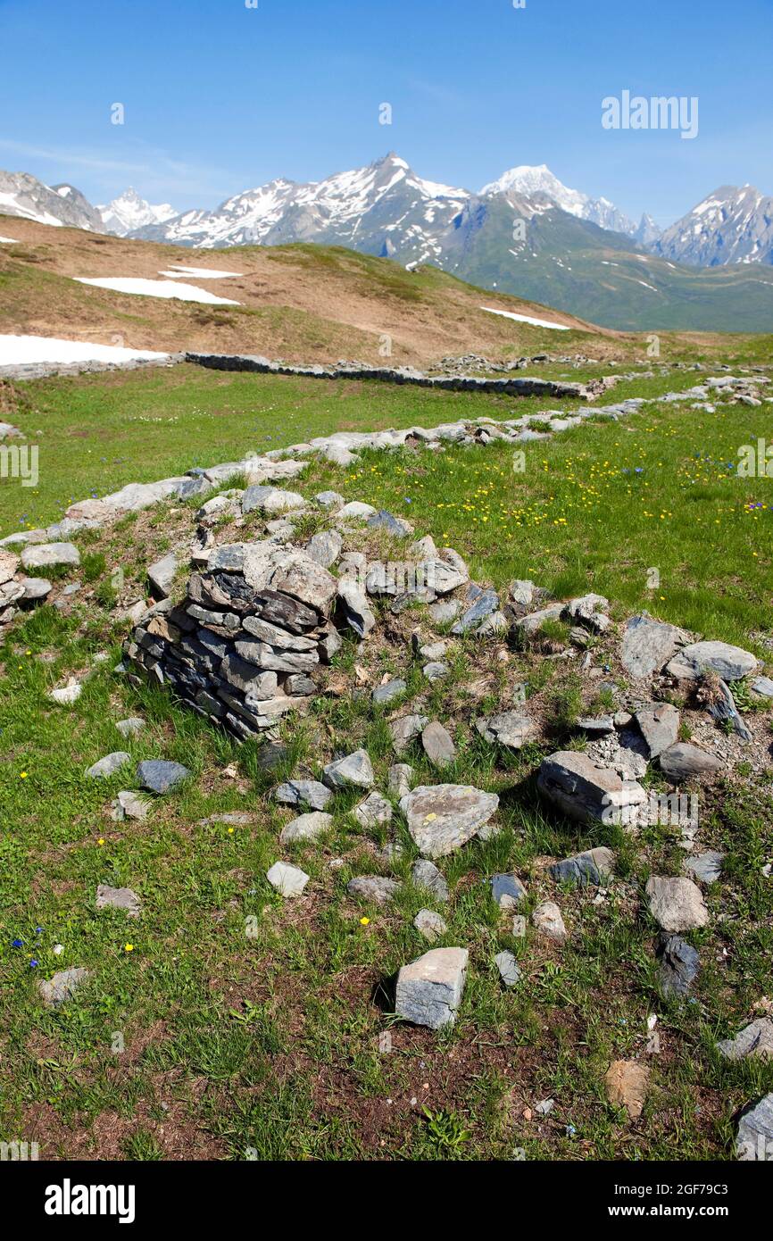 Reperti archeologici, mura di fondazione romana, Passo San Bernardo, la Thuile, Valle d'Aosta, Italia, Haute-Tarantaise, Tarentaise, Isere Foto Stock