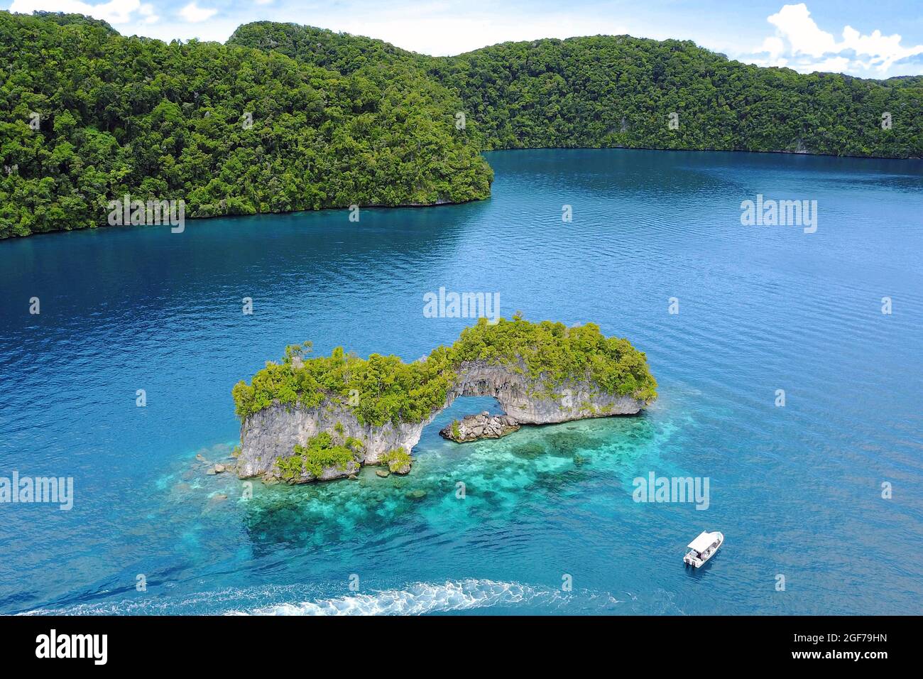 Arco di roccia nella laguna di Palau, Oceano Pacifico, Repubblica di Palau Foto Stock