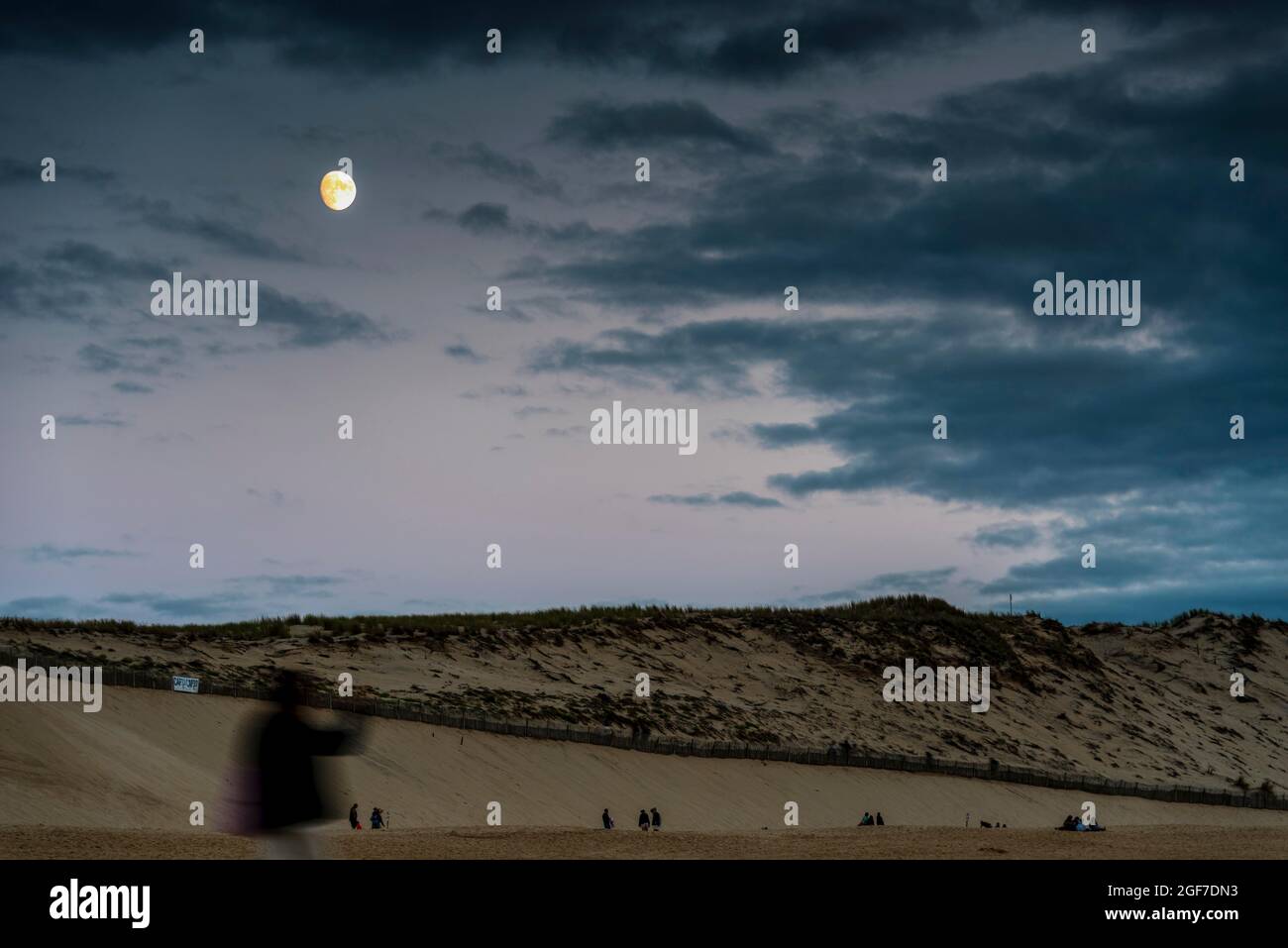 Atmosfera serale al mare, luna, Atlantico, Biscaglia, Carcans Plage, Gironda, Aquitania, Francia Foto Stock