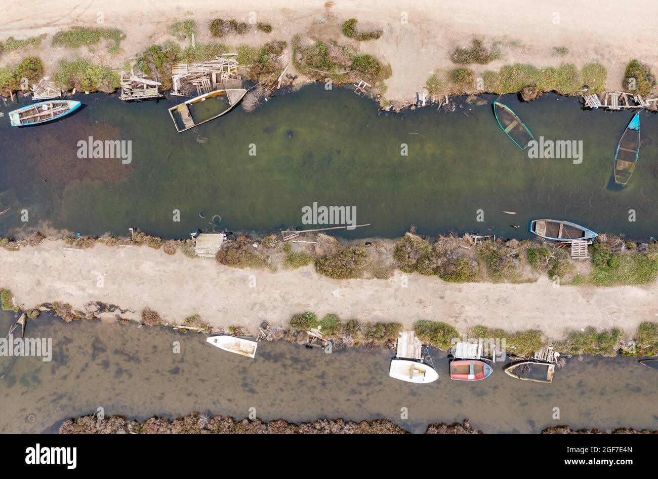 Cimitero nautico, vista aerea, fuco, Riserva Naturale del Delta dell'Ebro, provincia di Tarragona, Catalogna, Spagna Foto Stock
