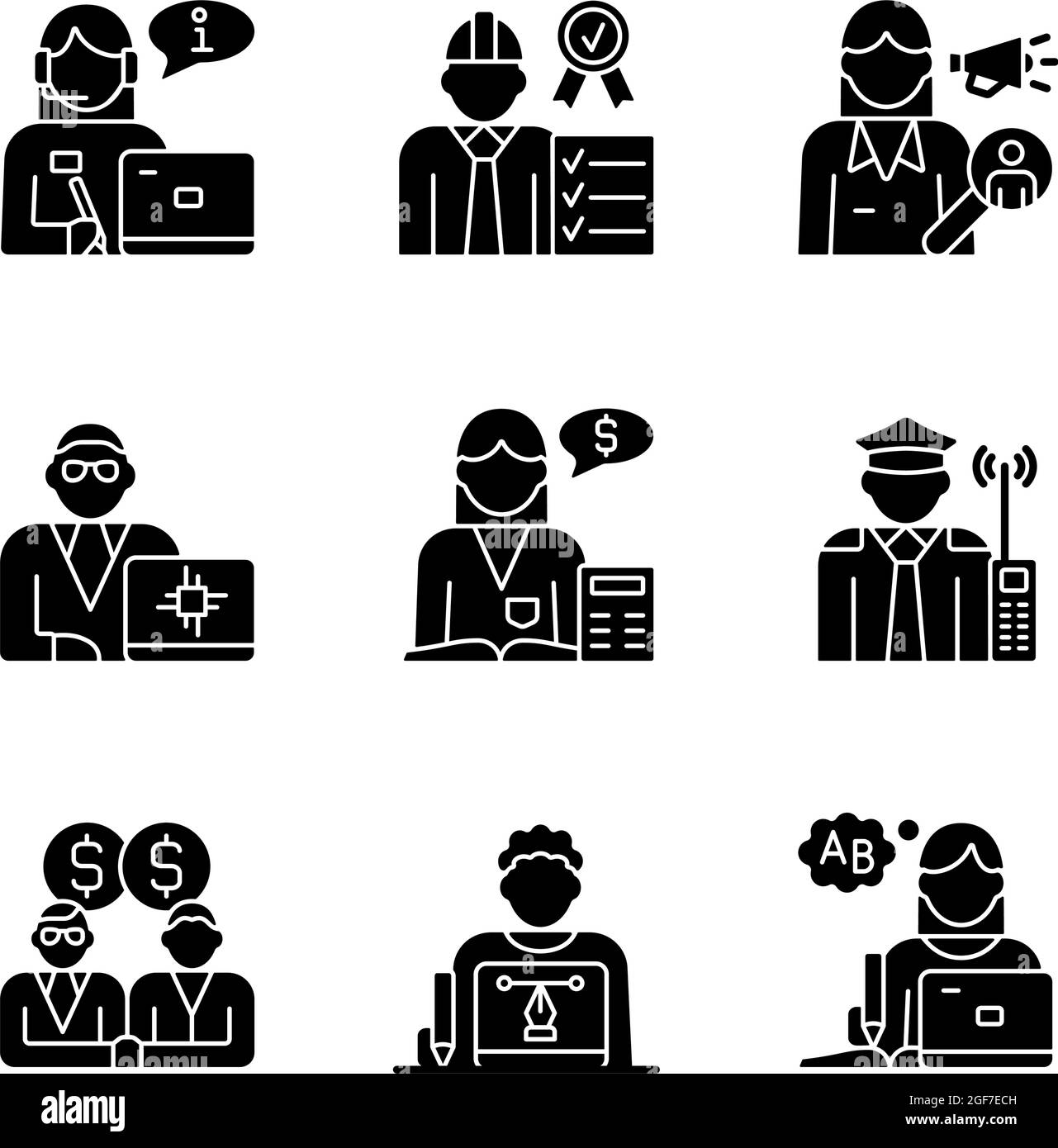 I dipendenti del team RGB icone glifo nero impostate su spazio vuoto Illustrazione Vettoriale