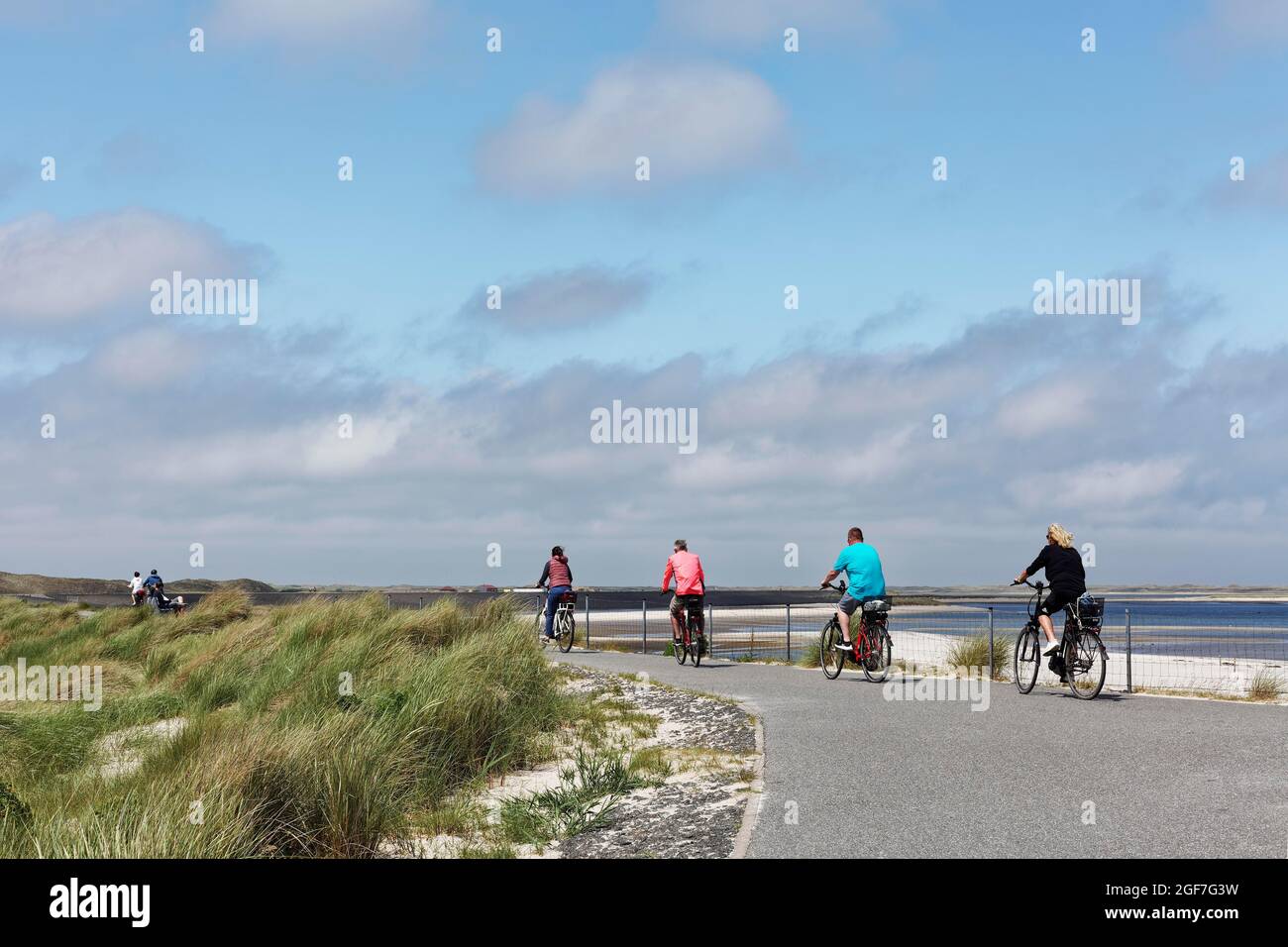 I turisti in bicicletta sulla diga di Moevenberg, percorso ciclabile nel Parco Nazionale del Mare di Schleswig-Holstein, Lista su Sylt, Isole Frisie Orientali Foto Stock