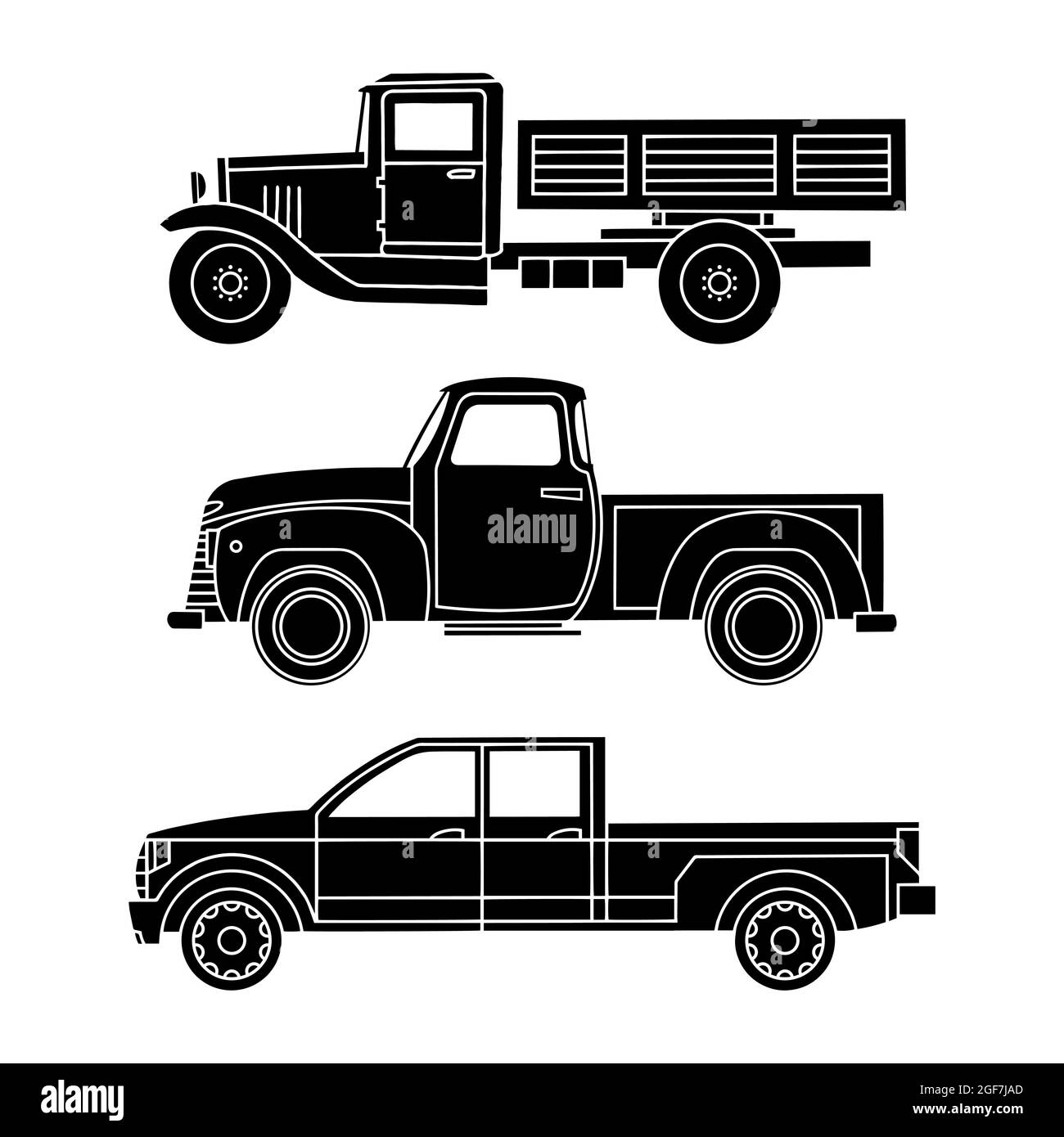 Silhouette di auto d'epoca nere. Camion e SUV. Illustrazione vettoriale Illustrazione Vettoriale