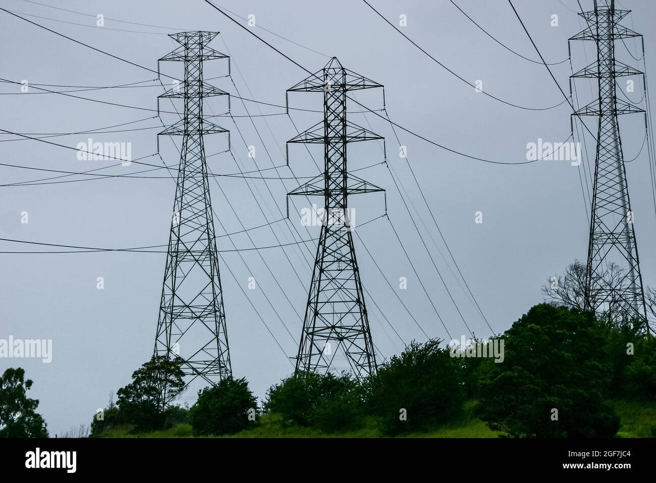 Tralicci di alimentazione che trasportano i cavi elettrici in tutto il paese Foto Stock