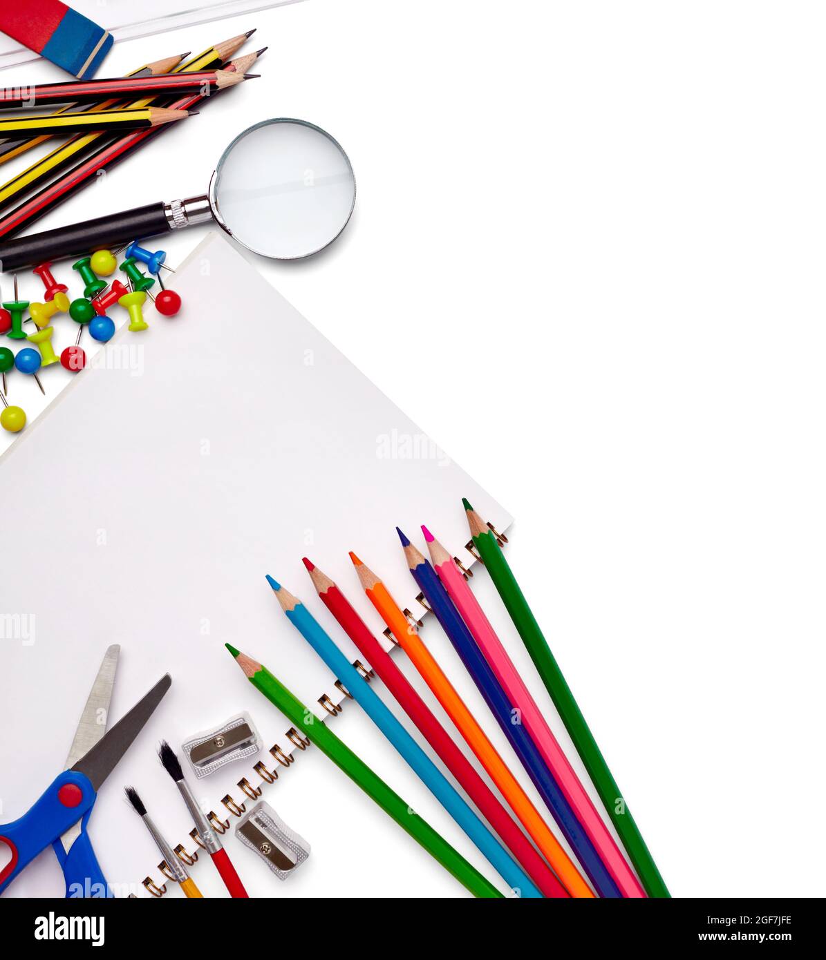 formazione supply scuola background matita penna imparare ritorno a forniture libro carta crayon notebook Foto Stock