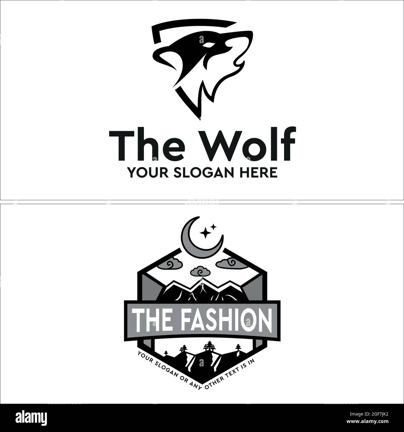 Illustrazione del logo del lupo vettoriale e della nuvola di montagna Illustrazione Vettoriale