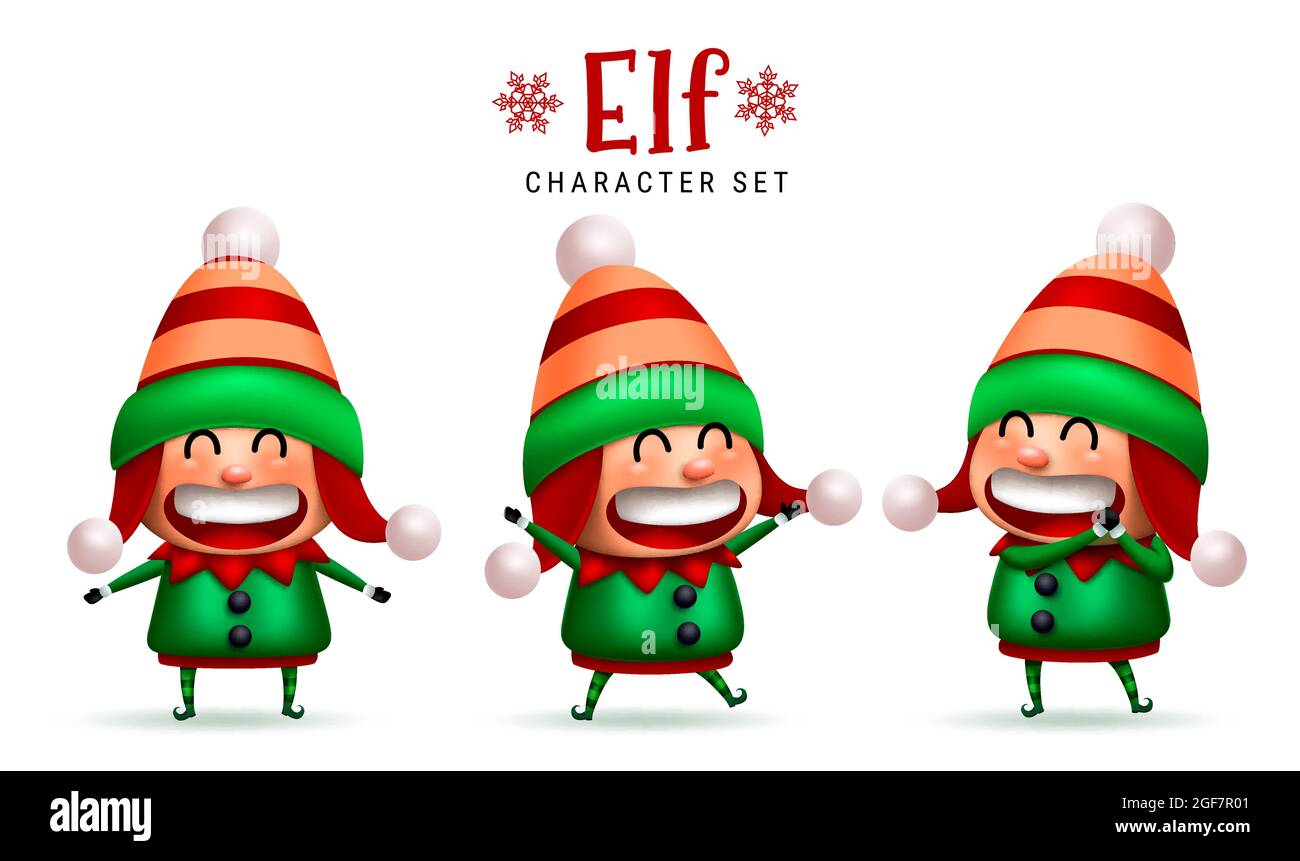Set di vettori Elf christmas Characters. Carino carattere elfi con espressione felice, allegra e allegra isolato in sfondo bianco per i bambini di Natale. Illustrazione Vettoriale