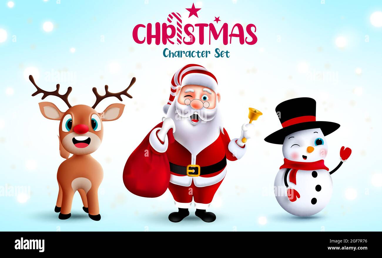 Set vettoriale dei caratteri di Natale. Babbo natale, renna e snowman personaggio di natale 3d con simpatiche ed amichevoli espressioni facciali per la stagione natalizia. Illustrazione Vettoriale