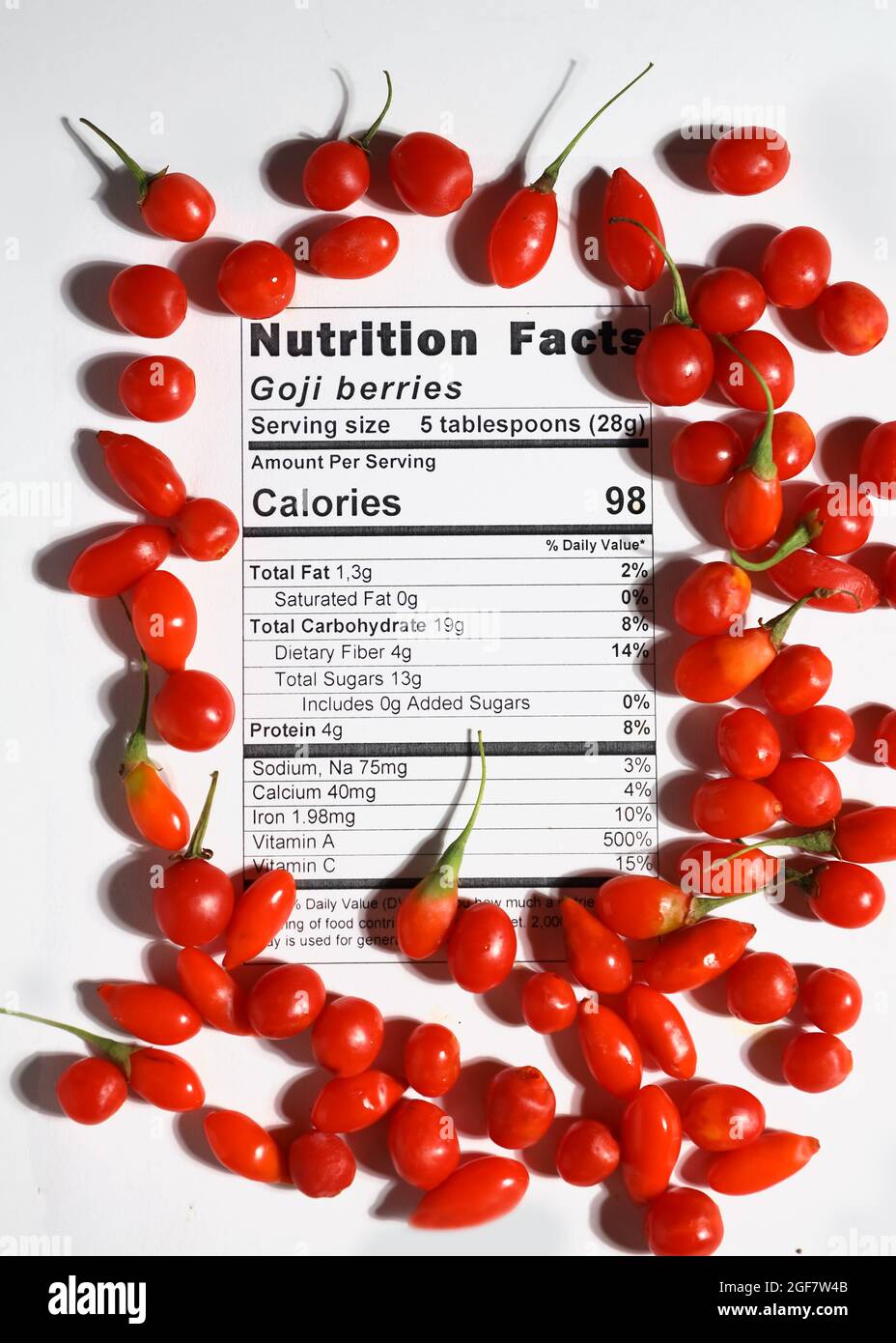 Nutrizione fatti etichetta di goji con fondo di bacche di goji Foto Stock