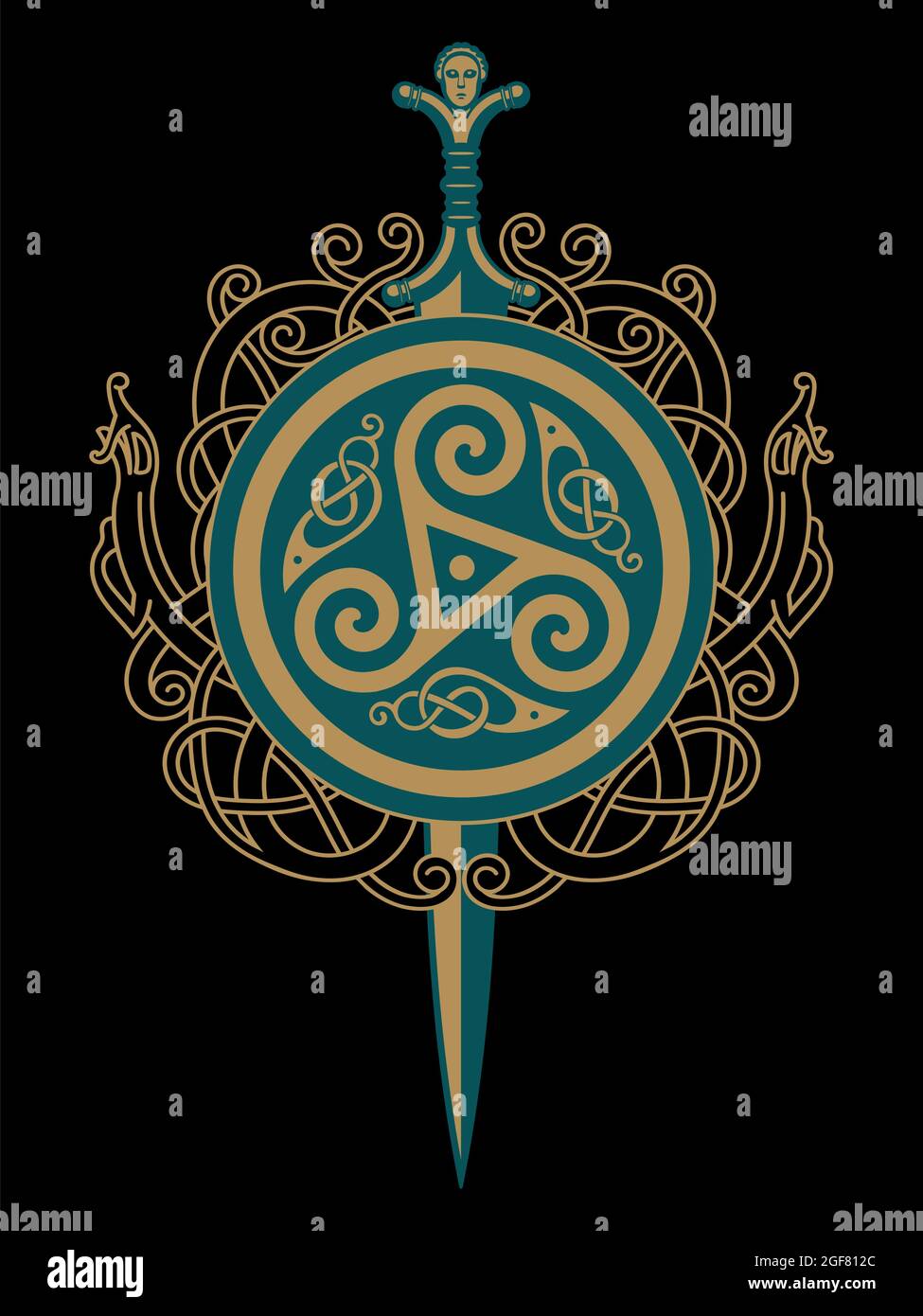Design celtico e vichingo. Antica spada celtica e ornamenti celtici scandinavi Illustrazione Vettoriale