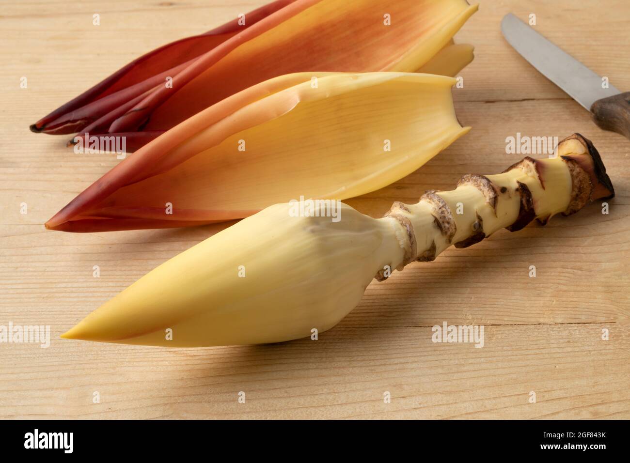 Fresco pelato crudo banana fiore tropicale e foglie da vicino Foto Stock